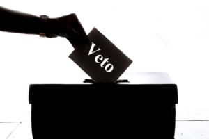 Pictured: A hand putting a card that says Veto into a ballot box.