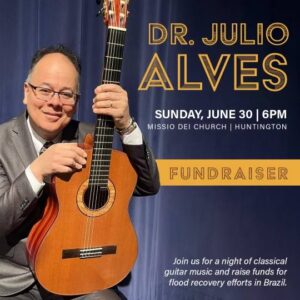 Helping Flood Victims Far From Home blog post by Ken Walker Writer. Pictured the fundraiser image featuring Dr. Julio Alves with his guitar.