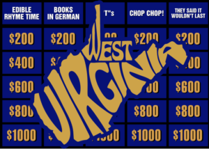 Cheering for Local Jeopardy Champ blog post by Ken Walker Writer. Pictured a Jeopardy board with a West Virginia map over the top of it and letters in the shape of the map spelling out "West Virginia"