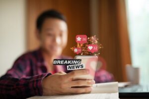 Rumors are Out of Control blog post by Ken Walker Writer. Pictured a man checking his phone with pop up bubbles that say "Breaking News" and show social media likes, shares and comments.