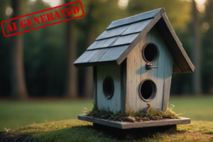 Intelligence Isn’t Artificial blog post by Ken Walker Writer. Pictured: An AI Generated picture of a birdhouse.