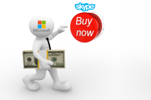 Pictured: A figure labeled "Microsoft" carrying a lot of cash hitting a red "buy now" button labeled Skype.