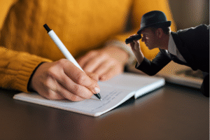 Fear Keeps Writers in Prison blog post by Ken Walker Writer. Pictured: A woman's hands writing in a journal while a man comically spies on the writing with binoculars.