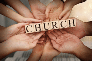 Prayer Yields Powerful Results blog post by Ken Walker Writer. Pictured: Hands united to hold up the word "church".