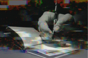 A Need for Authentic Editorial Products by Ken Walker Writer. Pictured: A hand writing in a journal with a digital "error" effect over the top.