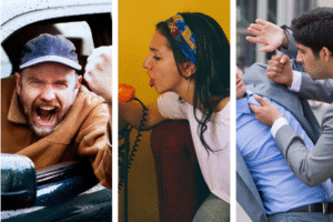 Pictured: Three examples of anger from left to right. A man experiencing road rage. A women yelling into the phone. A business man threating another business man with his fist.