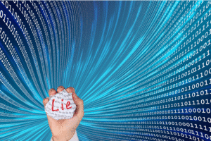 The Disease that Never Existed blog post by Ken Walker Writer. Pictured: A hand holding up a crumpled piece of paper with lie on it. In the background lines of computer code swirl, picking up the lie.