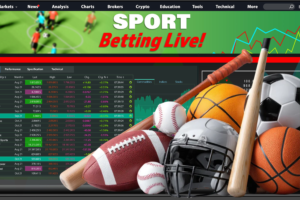 Pictured: A Sports betting screen in the background, and a variety of sports equipment in the foreground.